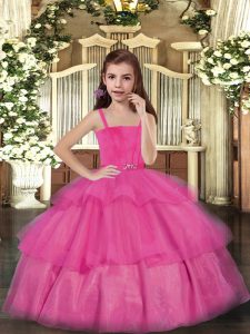 Straps Sleeveless Kids Formal Wear Floor Length Ruffled Layers Hot Pink Tulle