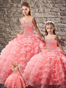 Best Watermelon Red Straps Lace Up Beading and Ruffled Layers Quince Ball Gowns Court Train Sleeveless