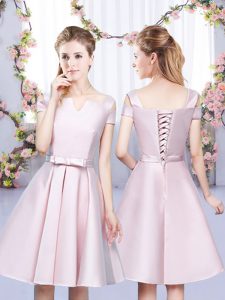 Stylish Baby Pink Quinceanera Court of Honor Dress Wedding Party with Bowknot Off The Shoulder Sleeveless Lace Up