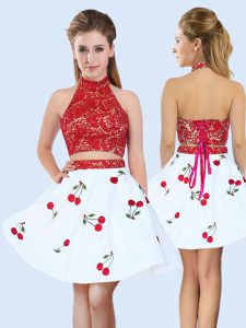 White And Red Lace Up Halter Top Lace and Pattern Vestidos de Damas Satin Sleeveless