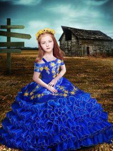 Super Royal Blue Lace Up Kids Formal Wear Embroidery and Ruffled Layers Short Sleeves Floor Length