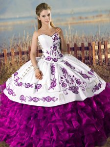 Fancy White And Purple Ball Gowns Embroidery and Ruffles Quinceanera Dresses Lace Up Sleeveless Floor Length