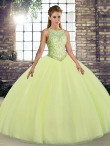 Hot Sale Ball Gowns Quinceanera Gowns Yellow Green Scoop Tulle Sleeveless Floor Length Lace Up