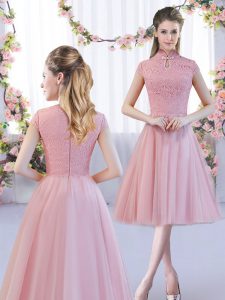 Lace Damas Dress Pink Zipper Cap Sleeves Tea Length