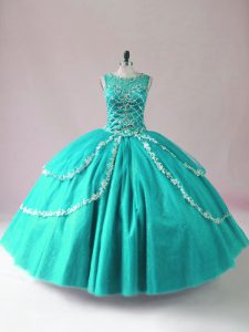 Low Price Turquoise Tulle Zipper Scoop Sleeveless Floor Length Sweet 16 Dress Beading