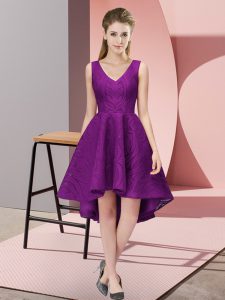 Sweet Purple A-line V-neck Sleeveless Lace High Low Zipper Lace Dama Dress for Quinceanera
