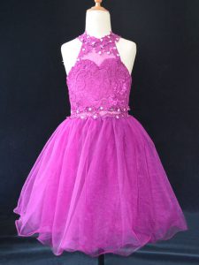 Fashion Fuchsia A-line Beading and Lace Pageant Dress for Teens Lace Up Organza Sleeveless Mini Length