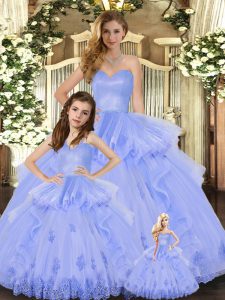 Spectacular Lavender Sweetheart Lace Up Appliques and Ruffles Sweet 16 Dress Sleeveless