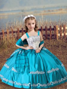 Teal Straps Neckline Beading and Embroidery Kids Pageant Dress Sleeveless Lace Up