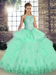 Glittering Floor Length Lace Up Sweet 16 Dresses Apple Green for Military Ball and Sweet 16 and Quinceanera with Lace and Embroidery and Ruffles