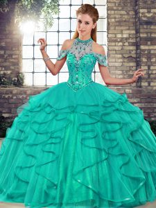 Halter Top Sleeveless 15th Birthday Dress Floor Length Beading and Ruffles Turquoise Tulle