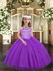 Inexpensive Beading Child Pageant Dress Purple Lace Up Sleeveless Floor Length