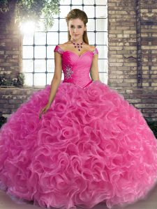 Floor Length Rose Pink 15th Birthday Dress Fabric With Rolling Flowers Sleeveless Beading