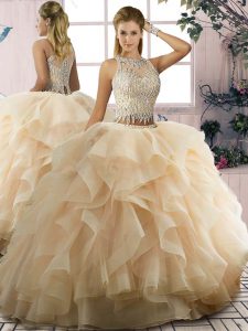 Floor Length Lace Up Sweet 16 Quinceanera Dress Champagne for Sweet 16 and Quinceanera with Ruffles