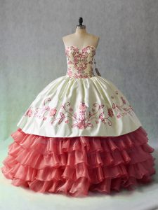 Stunning White And Red Lace Up Sweetheart Embroidery and Ruffled Layers Quinceanera Dress Satin and Organza Sleeveless