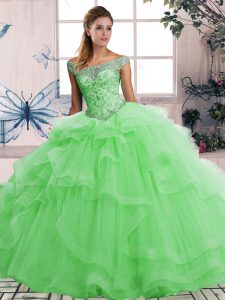 Dramatic Off The Shoulder Sleeveless Lace Up Sweet 16 Dresses Green Tulle