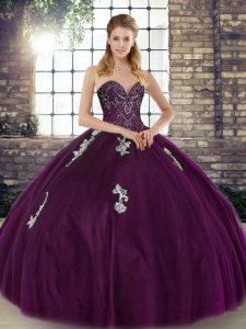 Vintage Sleeveless Floor Length Beading and Appliques Lace Up 15th Birthday Dress with Dark Purple