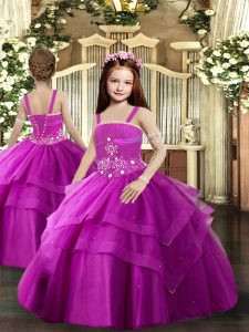 Ball Gowns Little Girls Pageant Dress Fuchsia Straps Tulle Sleeveless Floor Length Lace Up