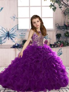 Scoop Sleeveless Organza Pageant Dress for Girls Beading and Ruffles Lace Up