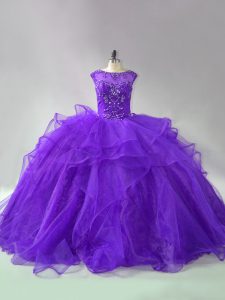 Fitting Scoop Sleeveless Brush Train Lace Up Quinceanera Dresses Purple Organza