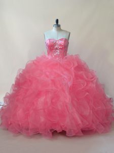 Great Floor Length Coral Red Quinceanera Dresses Organza Sleeveless Beading and Ruffles
