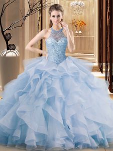 Blue Quinceanera Gown Halter Top Sleeveless Brush Train Lace Up