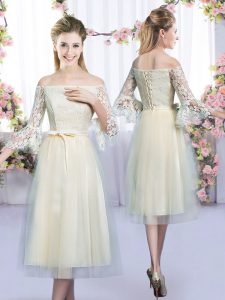 Champagne Tulle Lace Up Quinceanera Dama Dress 3 4 Length Sleeve Tea Length Lace and Bowknot