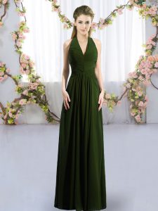 Floor Length Lace Up Dama Dress Olive Green for Wedding Party with Ruching