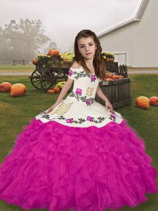 Embroidery and Ruffles Pageant Dress for Teens Fuchsia Lace Up Sleeveless Floor Length
