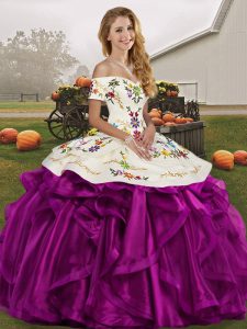 White And Purple Off The Shoulder Neckline Embroidery and Ruffles Vestidos de Quinceanera Sleeveless Lace Up