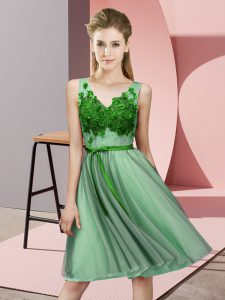 Green Empire Tulle V-neck Sleeveless Appliques Knee Length Lace Up Damas Dress
