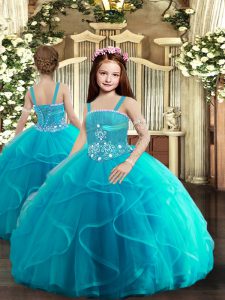 Stunning Floor Length Baby Blue Little Girls Pageant Gowns Tulle Sleeveless Beading and Ruffles