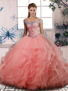 Watermelon Red Sleeveless Tulle Lace Up Ball Gown Prom Dress for Sweet 16 and Quinceanera