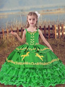 Green Organza Lace Up Straps Sleeveless Floor Length Pageant Dress for Girls Beading and Embroidery and Ruffled Layers