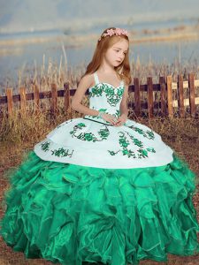 Floor Length Lace Up Girls Pageant Dresses Turquoise and In with Embroidery and Ruffles