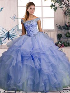 Lavender Off The Shoulder Lace Up Beading and Ruffles 15 Quinceanera Dress Sleeveless