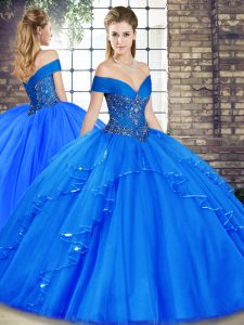 Sleeveless Floor Length Beading and Ruffles Lace Up Party Dress Wholesale with Royal Blue
