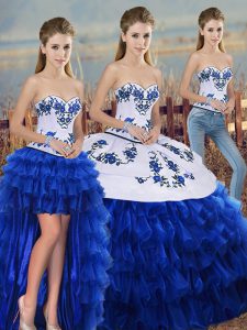 Ideal Royal Blue Sweetheart Neckline Embroidery and Ruffled Layers and Bowknot Vestidos de Quinceanera Sleeveless Lace Up