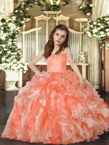 Floor Length Peach Little Girl Pageant Gowns Straps Sleeveless Lace Up
