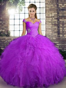Gorgeous Purple Tulle Lace Up 15 Quinceanera Dress Sleeveless Floor Length Beading and Ruffles