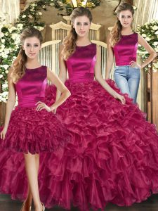 Stylish Fuchsia Lace Up Vestidos de Quinceanera Ruffles Sleeveless Floor Length