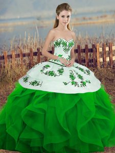 Romantic Green Sweet 16 Quinceanera Dress Military Ball and Sweet 16 and Quinceanera with Embroidery and Ruffles and Bowknot Sweetheart Sleeveless Lace Up
