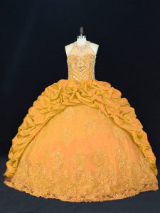 Traditional Floor Length Gold Ball Gown Prom Dress Taffeta Sleeveless Appliques
