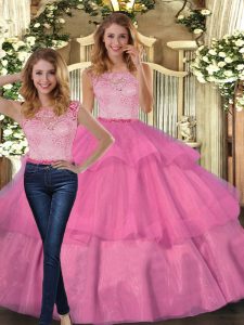 Fancy Scoop Sleeveless Sweet 16 Quinceanera Dress Floor Length Lace and Ruffled Layers Hot Pink Tulle