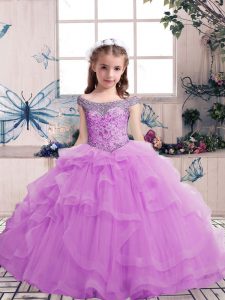 Ball Gowns Pageant Dress Lilac Off The Shoulder Tulle Sleeveless Floor Length Lace Up