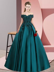 Beautiful Teal A-line Satin Off The Shoulder Sleeveless Lace Floor Length Zipper Quinceanera Gowns