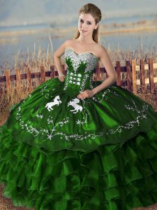 Green Satin and Organza Lace Up Sweet 16 Dresses Sleeveless Floor Length Embroidery and Ruffles
