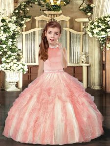 Discount Peach Ball Gowns Halter Top Sleeveless Tulle Floor Length Backless Beading and Ruffles Little Girl Pageant Gowns