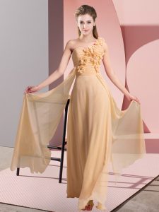 Peach Empire One Shoulder Sleeveless Chiffon Floor Length Lace Up Hand Made Flower Dama Dress