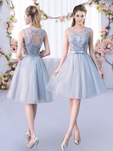 Super Empire Court Dresses for Sweet 16 Grey Scoop Tulle Sleeveless Knee Length Lace Up